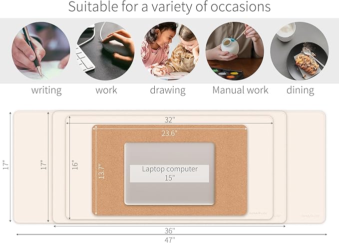 RENMTURE Dual-Sided Mouse Pad, Natural Cork & PU Leather Large Desk Pad for Office and Home Work, Desk Protector Non-Slip, Waterproof, Easy Clean (Apricot,47"x17")