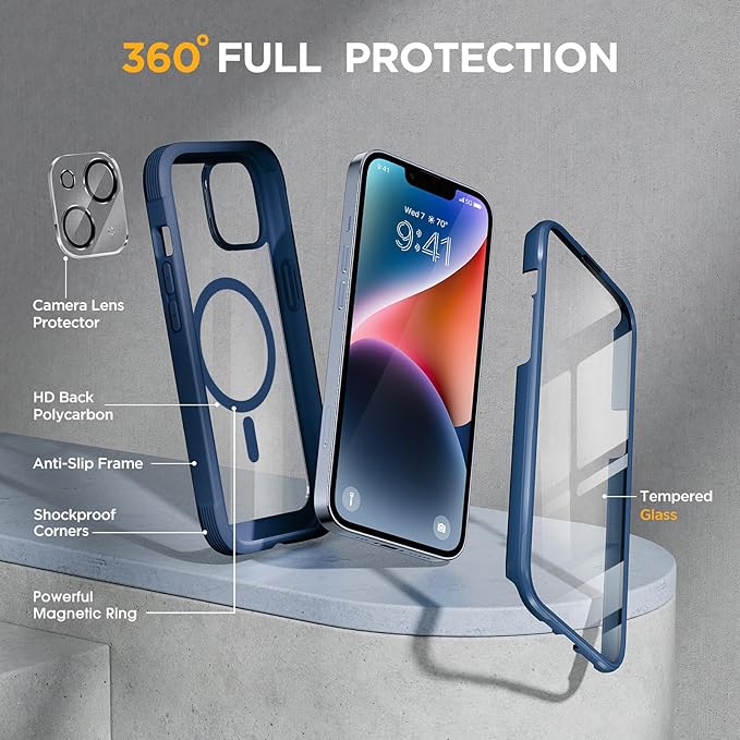 Miracase Magnetic for iPhone 14 Case 6.1'', [Bubble Free] Full-Body Bumper Phone case with Built-in Full Glass Screen &Lens Protector,No Gap,Compatible with MagSafe,Drop Proof 14 Cover,Storm Blue