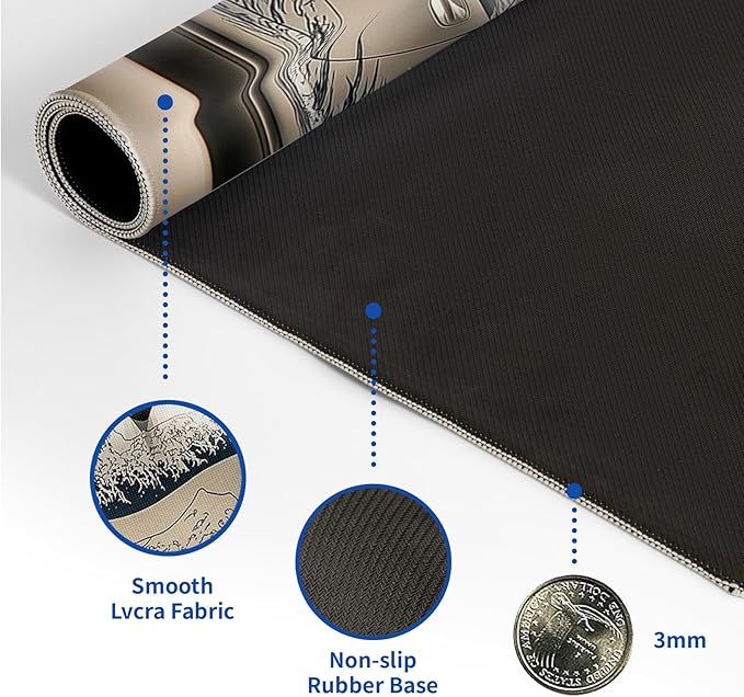 White Ukiyo-e Style Sports Car Mouse Pad Abstract White Mouse Pad 31.5x11.8 Inch Texture Non-Slip Rubber Base Large Mousepad Stitched Edges Keyboard Mouse Mat Desk Pad for Office and Home