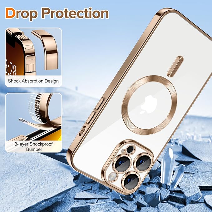 Hython Magnetic Clear for iPhone 13 Pro Max Case with Camera Lens Protector [Compatible with MagSafe] Plating Edge Slim Soft TPU Cover Protective Phone Case for iPhone 13 Pro Max 6.7", Desert Brown