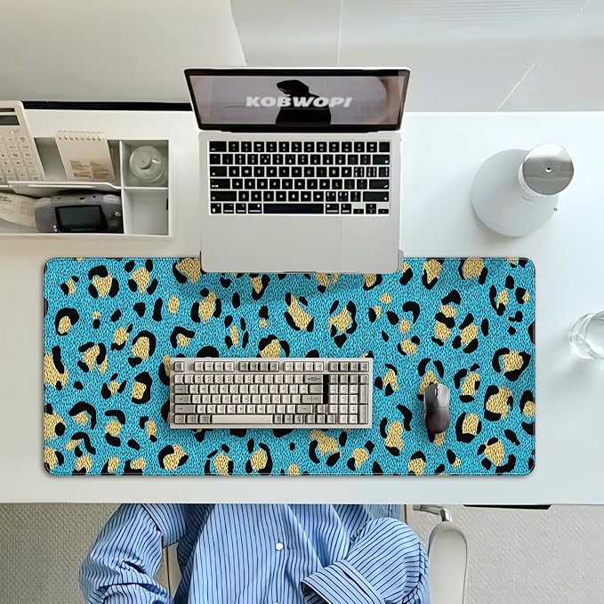 35.4 x 15.7 in, XXL Large Mouse Pad for Desk, Extended Keyboard Mouse Mat for Computer Office, Big Mouse pad with Stitched Edges, Gaming Pc-Leopard Print on Blue