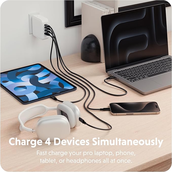 HyperJuice® 100W GaN Safety Tested Travel Charger - Quad-Port GaN Charger for iPhone, iPad, MacBook, Smartphone, & Laptop - Compact Type C Charger Fast Charging Phone Charger for 4 Devices (White)