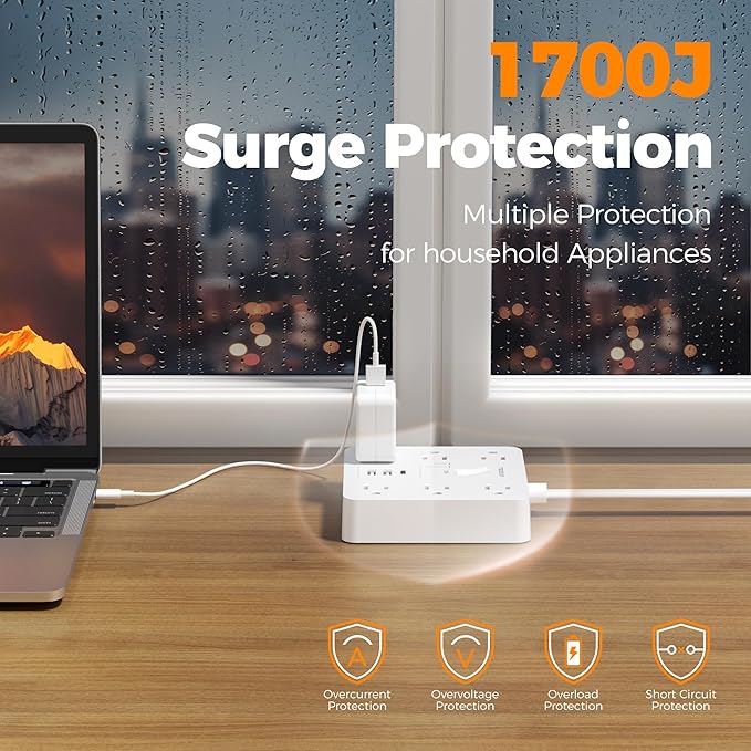 TESSAN 10Ft White Extension Cord with Multiple Outlets, Surge Protector Power Strip with 6 Outlets and 3 USB Ports (1 USB C), 1700 Joules Protection, Flat Plug, Outlet Extender for Home, Office, Dorm