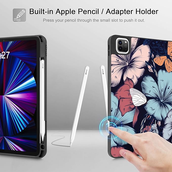 May Chen Case for iPad Pro 11 inch (4th, 3rd, 2nd & 1st Gen) 2022 2021 2020 2018, Trifold Stand + Pencil Holder + Auto Wake/Sleep + Soft TPU Protective Stand Back Cover, Flowers & Butterflies