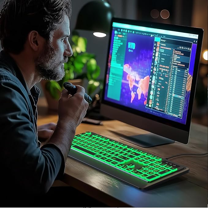 Luzarriba Large Print Backlit Computer Keyboards, 7 Colors Backlight USB Keyboard, Plug-and-Play, Foldable Stands, Corded Full Size Keyboard for Windows, PC, Laptop (Black, Large)