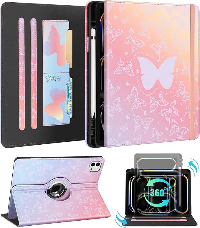 Kidcube for iPad Pro 13 Inch Case M4 2024 - Women Girls Kids Cute Rotating Stand Folio Cover with Pencil Holder & Card Slot Kawaii Butterfly Design for iPad Pro 13 Inch Case 2024 (A2925 A2926 A3007)