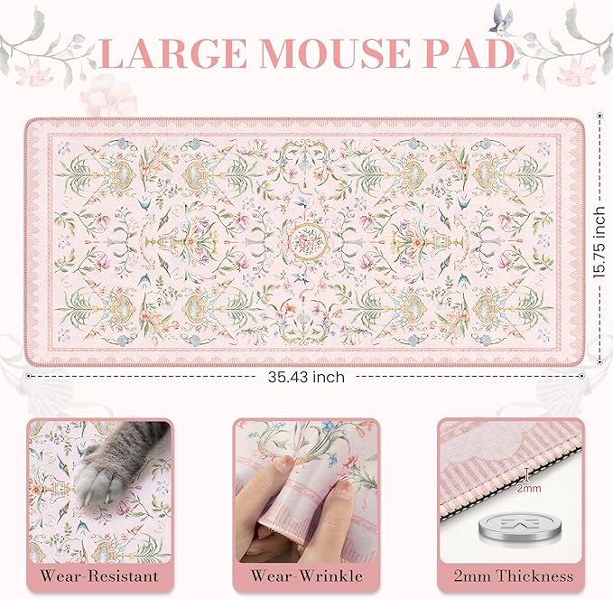 iCasso Pink Desk Cover Mat,Big Mouse Pad for Laptop,Aesthetic Computer Pad with Stitched Edges,Non Slip Keyboard Mat for Desktop,Cute Floral Desk Protector for Office Home Dorm