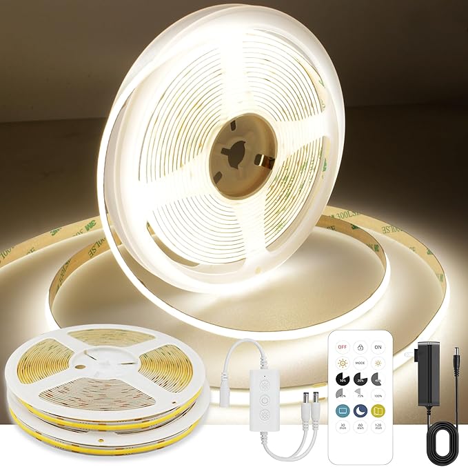 AXMOTUT 32.8ft COB LED Strip Light White, High Bright LED Strips with 320LEDs, RF Remote and UL Power Supply, 4000K Dimmable LED Lights for Bedroom,Kitchen, DIY Home Decoration, 2 Rolls of 16.4ft