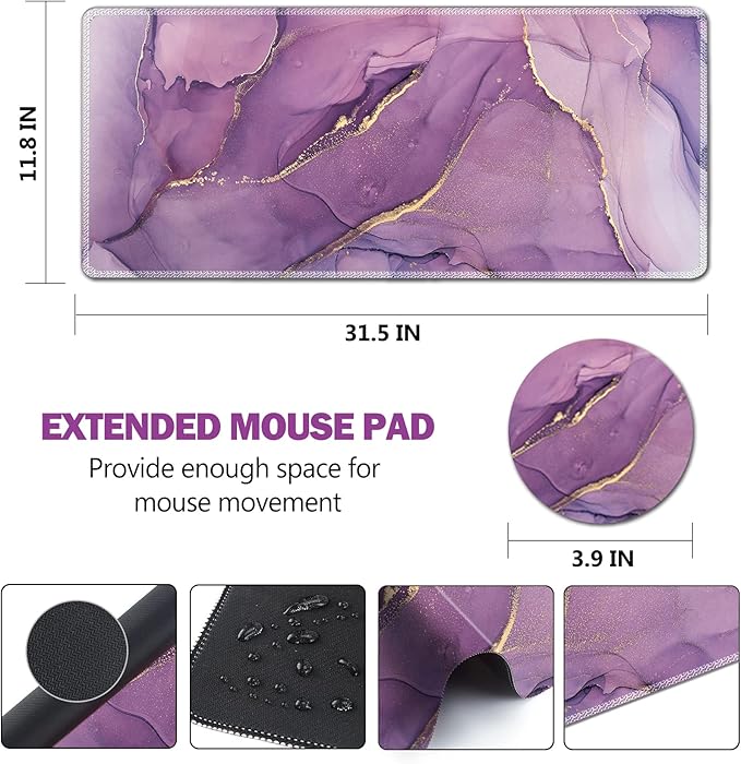 AIMSA Large Gaming Mouse Pad Extended Mouse Pad with Stitched Edge, Keyboard Mouse Mat Non-Slip Rubber Base Desk Pad 31.5x11.8 inch for Office Home Game Work, Purple Marble