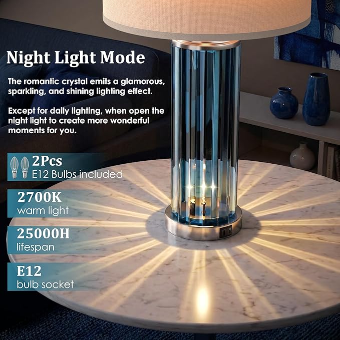 QiMH Table Lamps for Bedroom Set of 2 with Nightlight, Modern Bedside Lamp with USB A+C Charging Port, Blue Nightstand Lamp for Living Room White Shade Home Decor, 2 Bulbs Included