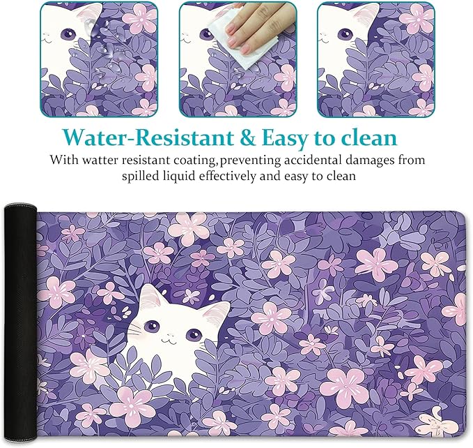 LIMKRIAN Cat Purple Mouse Pad Large Desk Mat, Kawaii Purple Computer Mousepad with Stitched Edges Non-Slip, Keyboard Mouse Pad for Desktop Cute Office Supplies Desk Decor Accessories 31.5x11.8 in