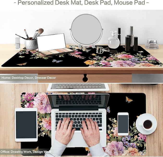 Pink Flower Desk Mat Mouse Pad Waterproof, Butterfly Floral XXL Extended Large Gaming Desk Pad Mousepad, Black Computer Laptop Keyboard Mouse Mat for Women Girls Work, Game, Office, Home 31.5x15.7 in