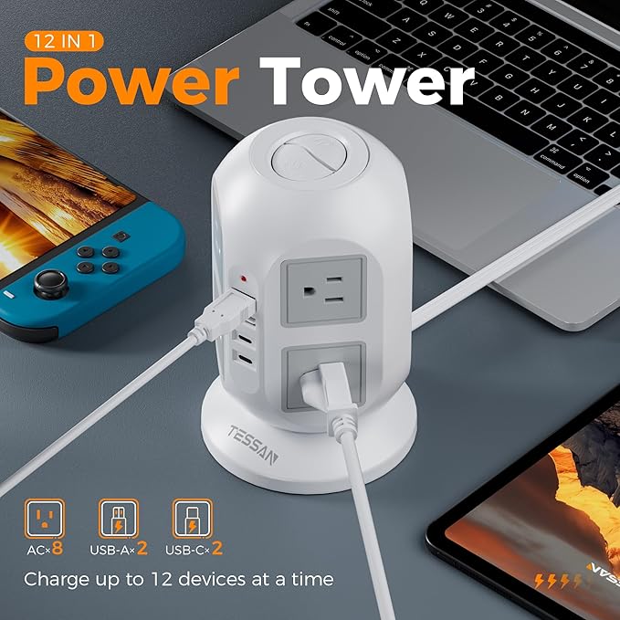 TESSAN Tower Surge Protector Power Strip 10 ft, Long Flat Extension Cord with Multiple Outlets, 8 AC Outlets with 4 USB Ports (2 USB C), Charging Station with Surge Protection, for Home Office Dorm
