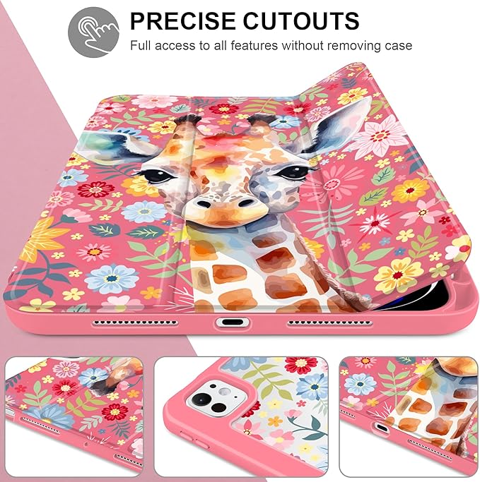 Case for iPad Pro 11 inch (M5) 2025 (M4) 2024 Release Slim Lightweight Cute Hot Pink Cover with Clear Back TPU Edge Pencil Holder Trifold Stand, Giraffe