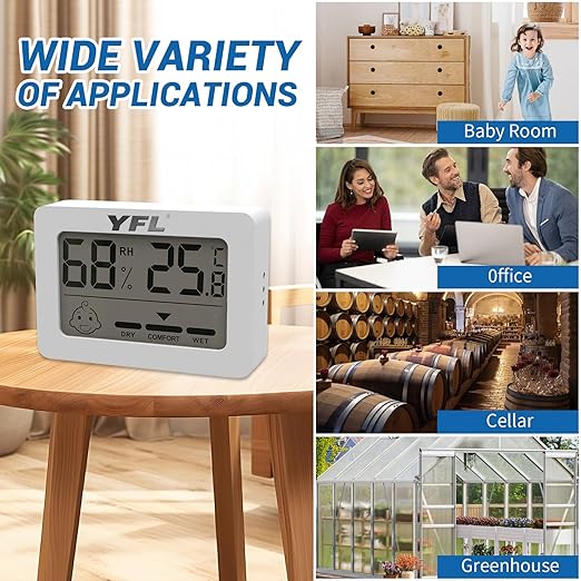 YFL Digital Hygrometer Thermometer,Indoor Thermometer with Comfort Indicator,Pratical Room Temperature Monitor Thermometer for Home, Office, Greenhouse, Cellar(White)