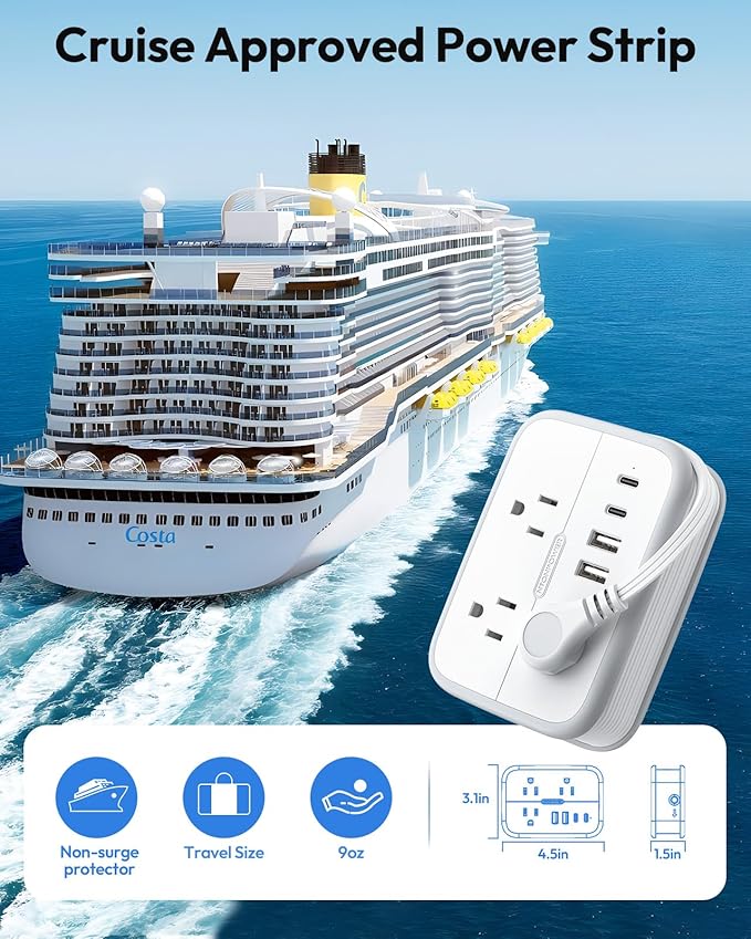 NTONPOWER 10 in 1 Travel Power Strip, 6 Outlets 4 USB Ports(2 USB C), 4ft Extension Cord Wrapped Around Small Power Strip, Compact for Travel, Hotel, Cruise Approved, White