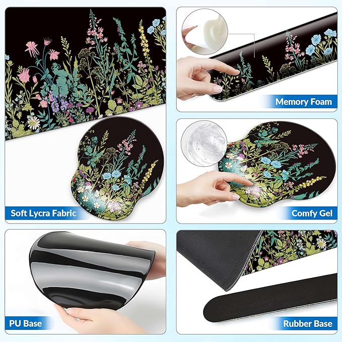Desk Mat Set + Keyboard and Mouse Pad with Wrist Rest Support,4-in-1 Large Mousepad Computer Mats for Desktop Home & Office-Flowers Garden