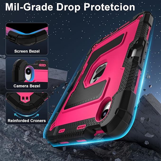 Kids Friendly Case for Apple iPad mini 7 A17 Pro 2024/iPad Mini 6 2021 8.3 Inch 7th/6th Gen Case with Pencil Holder & Shoulder Strap, Shockproof Kickstand Hard Shell Protective Cover,Black+Rose