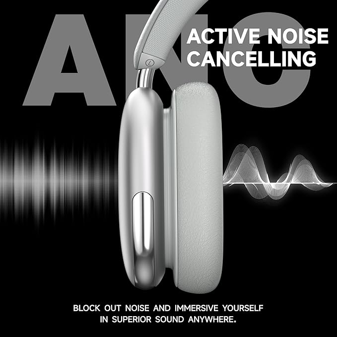 Freepods Over-Ear Bluetooth Headphones with Mic,120 Hour Playtime Active Noise Cancelling,Hi-Res Audio,Wireless ANC Headset, Android Compatible - Silver