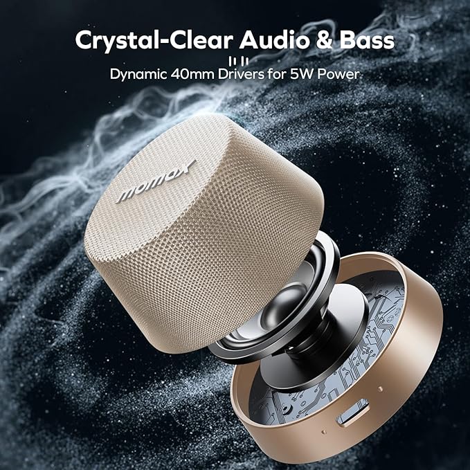 MOMAX Magnetic Portable Bluetooth Speaker, IPX6 Waterproof Mini Shower Speaker, Enhanced Bass, 12H Playtime, TWS Stereo, USB-C Outdoor Speaker, Travel & Gift Ideas, Desert Gold