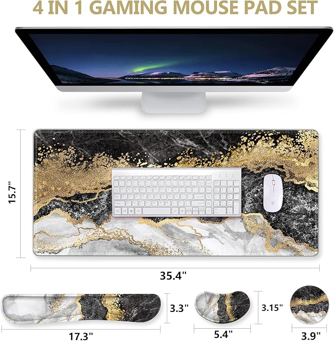 DINKY Keyboard Mouse Pad Set, Large Gaming Mousepad + Memory Foam Ergonomic Keyboard Wrist Rest Support, Easy Typing Pain Relief, 4Pcs (35.4" x 15.8") Extended Desk Mat -Black Gold Marble
