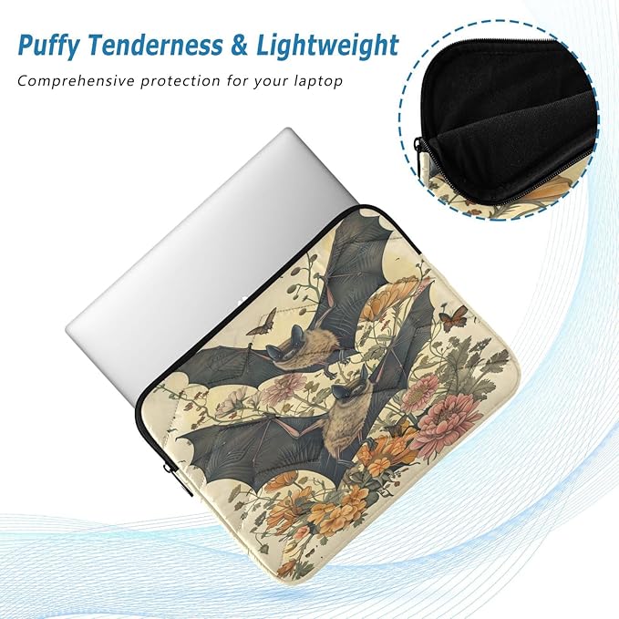 Goth Bat Flowers Laptop Sleeve 13 inch Cute Laptop Bag 14 inch Waterproof Computer Bag for Women Laptop Accessories Computer Cover Bag for Tablet Men, A06D24018