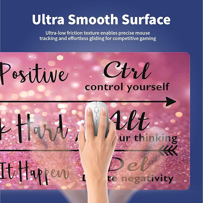 Extra Large Gaming & Office Mouse Pad (31.5" x 11.8") – Inspirational Quote Stay Positive Work Hard & Pink Glitter Design, Premium Anti-Slip XXL Desk Mat with Durable Stitched Edges