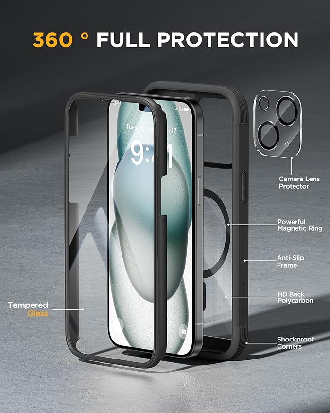 Miracase Magnetic for iPhone 15 Plus Case 6.7'',only for 15 Plus Phone Case Cover with Built-in 9H Tempered Glass Screen Protector,not for Pro/Pro Max,Magnetic Black
