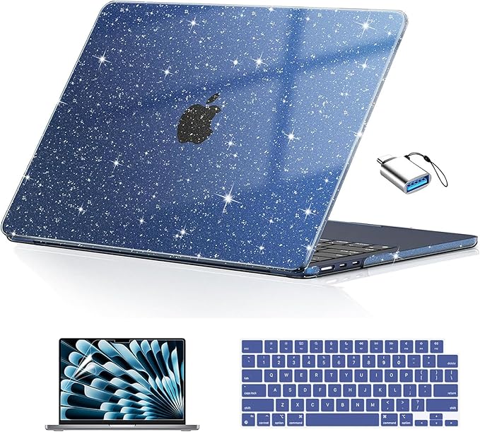 EooCoo Compatible with MacBook Air 13 inch Case M5 2026-2022 M4 M3 M2 Model A3449 A3240 A3113 A2681, Mac Air 13.6 inch Hard Shell & Keyboard Cover & Screen Film & Type-C, Sparkly Midnight