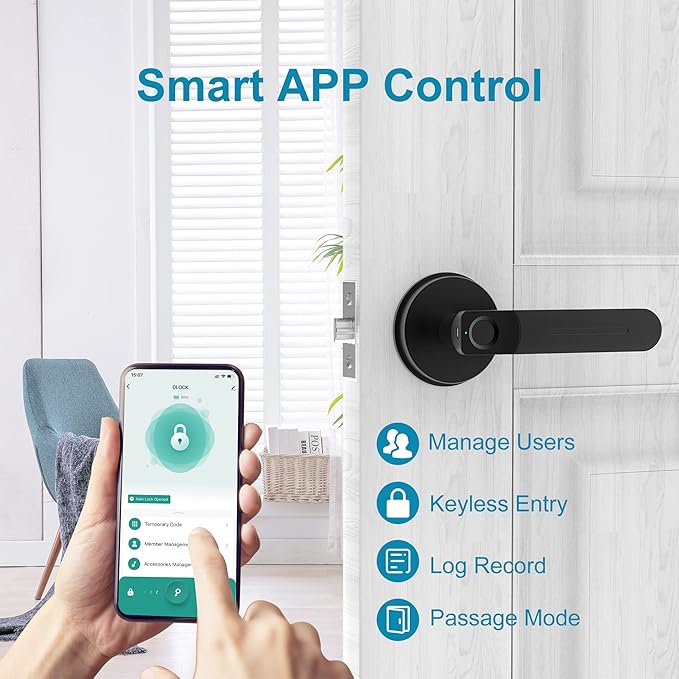 Foxgard Biometric Door Lock with Smart APP Fingerprint Knob Remote Control with APP Smart Door Knob for Home/Bedroom/Office/Apartment/Airbnb Black