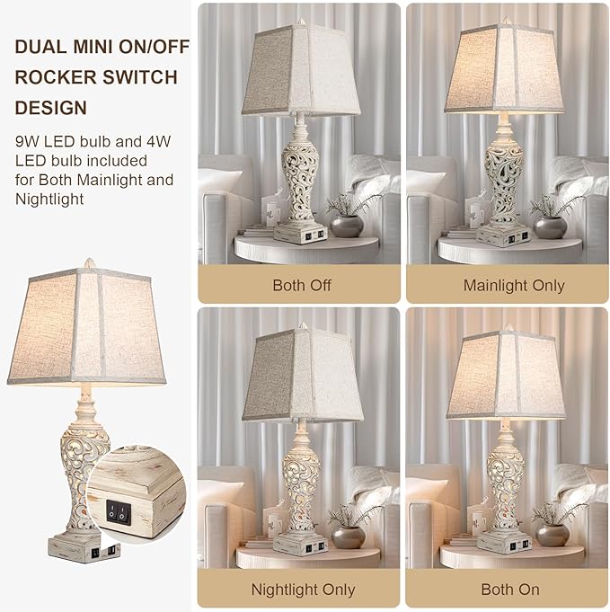 LuxSight Collection 28.5" Table Lamps Set of 2 - Bedside Lamp with Fabric Shades - for Bedroom and Living Room with USB and Nightlight - Perfect for Nightstands and Bedrooms
