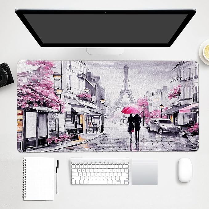 Lokigo Desk Mat for Keyboard and Mouse, Large Mouse Pad, Paris Eiffel Tower Desk Pad Mat, Romantic Gray Pink Large Desk Mat for Girls Women, Pink, 35.4"x15.7"