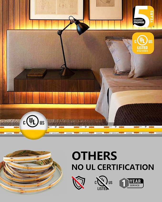 EMITEVER COB LED Strip Lights Warm White 32.8ft, 3000K 24V Dimmable Tape Light Premium High Density, 305LM+/ft, 4800LEDs, Ra 90+, 3W/FT, UL Listed for Cabinets, Shelves(Power Supply Sold Separately)