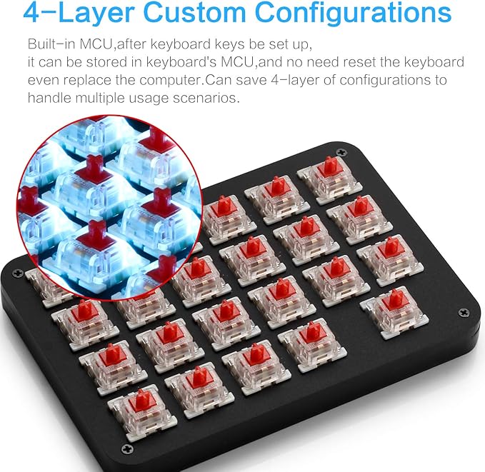 Koolertron One Handed Macro Mechanical Keyboard, Blue LED Backlit Portable Mini One-Handed Mechanical Gaming Keypad 23 Fully Programmable Keys Red Switches (Blue Backlit/Red switches)