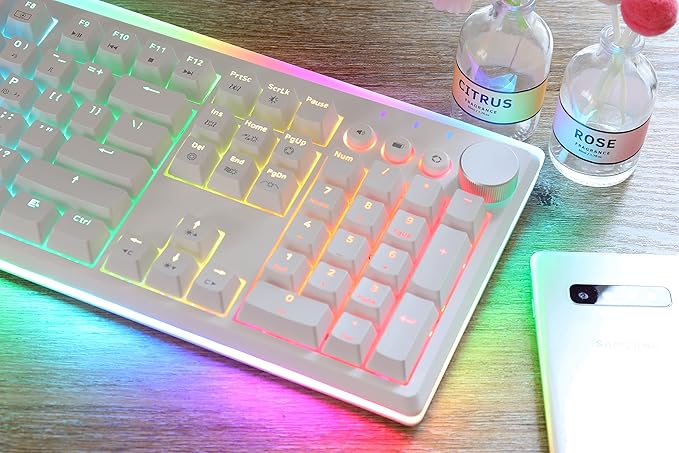i-rocks K71M RGB Mechanical Gaming Keyboard with Media Control Knob, Switches (Brown), 107 Keys w/Full NKRO, PBT Keycaps, Multimedia Hotkeys, Detachable USB-C Cable and Onboard Storage, White