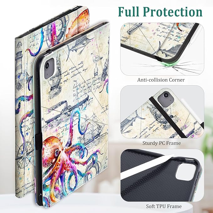 Lokigo for iPad Air 13 Inch Case 2025/2024 (M3/M2) iPad Pro 12.9 Case (6th/5th/4th/3th Gen 2022/2021/2020/2018) with Pencil Holder, Support Touch ID and Auto Wake/Sleep (Cool Octopus)