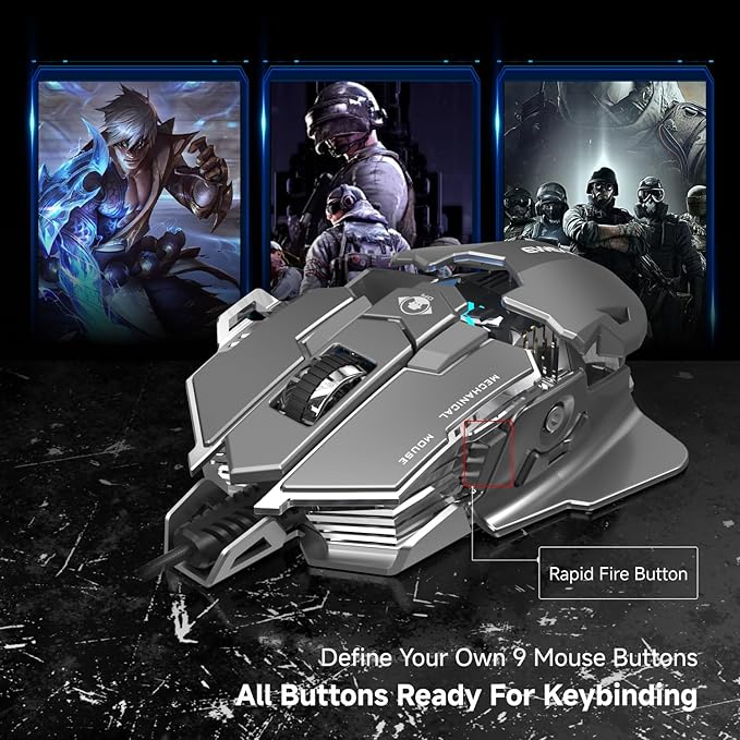 SEUNKWANG EWEADN G5 Wired Gaming Mouse, Ergonomic RGB Computer Mouse, 12800 Adjustable DPI, 9 Programmable Macro Buttons with Rapid Fire Key Compatible for PC/Laptop/Windows-Grey&White