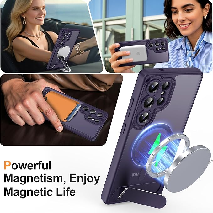 Magnetic for Samsung Galaxy S25 Ultra Case, [Compatible with MagSafe][Full Camera Protection][Built-in Invisible Kickstand] Translucent Matte Phone Case for S25 Ultra 6.9" - Purple