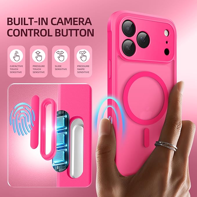 BERFY for iPhone 17 Pro Max Case, Compatible with MagSafe, Built-in Privacy Screen Protector, Camera Protection, Shockproof Full Body Phone Case 6.9", Translucent Hot Pink