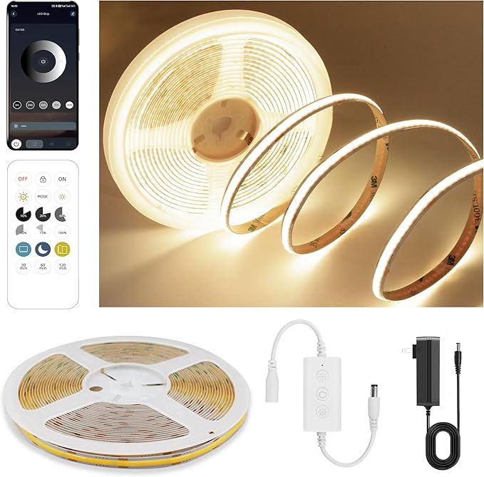 Pandery COB LED Strip Lights Warm White,24V Dimmable led Light Strip KIT with Remote and app Control,3000K 9.84FT/3m 8mm Wide Ra>90 Cuttable Flexible Strip Lights for Bedroom,Wardrobe,Cabinet