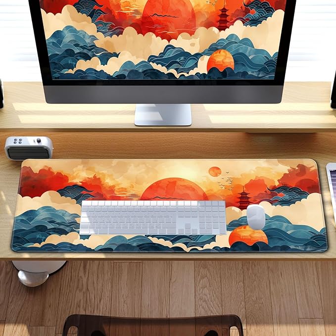 Desk Mat Red and Gold Blue Wave Decor Large Keyboard Sun Mouse Pad for Laptop Pc Setup Desk Cover Protector Desk Décor for Office Home Work Gaming 31.5" X 11.8" Stitched Edge Non-Slip Design