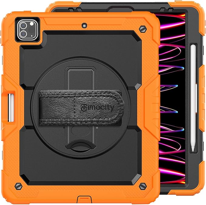 Timecity for iPad Pro 12.9 Case 6th/5th/4th/3rd Gen, 360° Rotating Stand, Pencil Holder & Wireless Charging, Shockproof with Screen Protector & Shoulder Strap - for Designers & Professionals - Orange