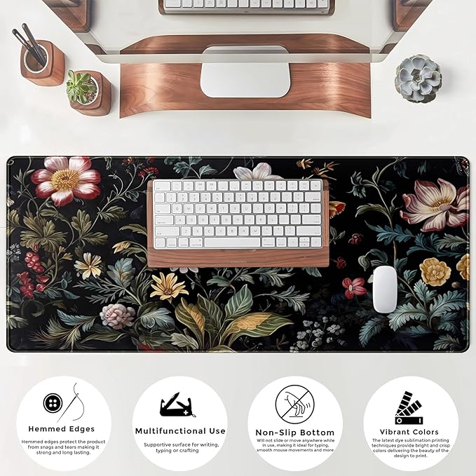 Dark Floral Desk Mat Vintage Aesthetic Desk Pad Flower Plant Black Extended Mouse Pad Large Gaming Mousepad XL Laptop Computer Mouse Keyboard Mat 31.5 x 11.8 in for Office Decor