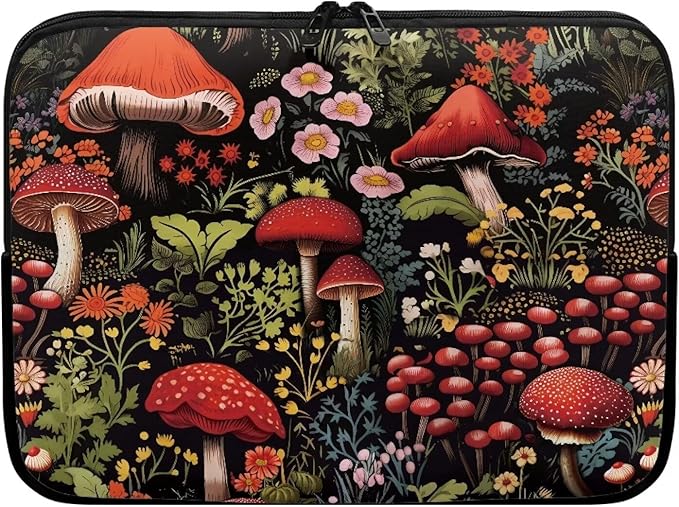 Mushroom Laptop Protective Sleeve for Women Men 13 inch Flower Computer Sleeve Neoprene Laptop Bag Lightweight Lap Top Case Suitable for Travel School Office Organizers Black