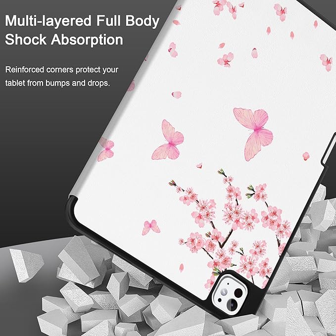 MEEgoodo Case for M5 iPad Pro 11 inch 2025/M4 iPad Pro 11 inch Case 2024, Tablet Cover with Trifold Stand & Pencil Holder & Auto Wake/Sleep & Soft TPU Back Cover, Cherry Blossoms