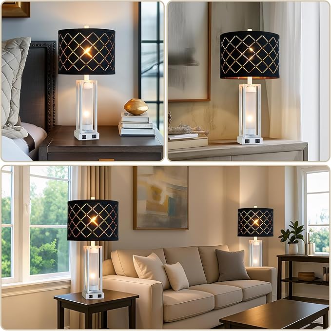 25" Set of 2 Farmhouse Table Lamps with USB C+A Ports, Rustic Retro Nightstand Lamps with White Night Light, Black Grid Shade, Desk Lamps for Bedroom Bedside, 4 Bulbs Included