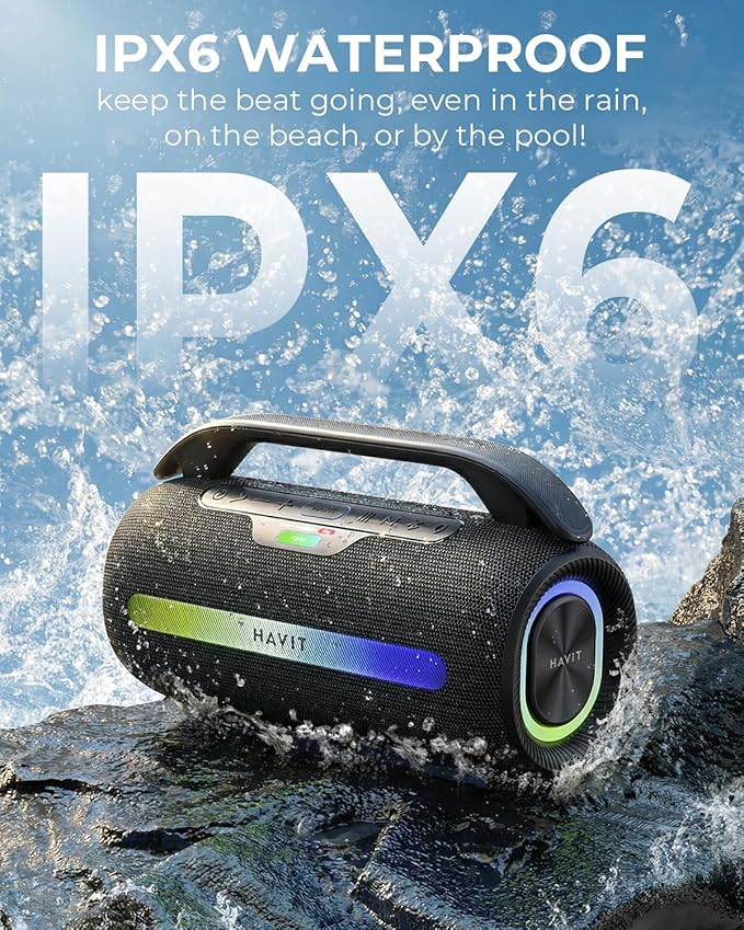 havit 120W Loud Bluetooth Speaker with Deep Bass, IPX6 Waterproof Outdoor Party Speaker, RGB Lights, 12H Playtime, TWS Pairing, Portable Speaker for Beach, Camping, Backyard
