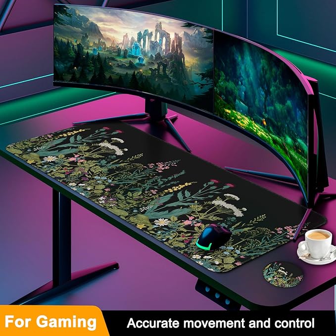 Large Gaming Mouse Pad with Coaster, Desk Matt for Desktop, Desk Pad, Mouse Pads Mat, Stitched Edges Big Extended Mousepad for Computer Keyboard Laptop Office Decor, 31.5'' x15.6''-Little Flowers