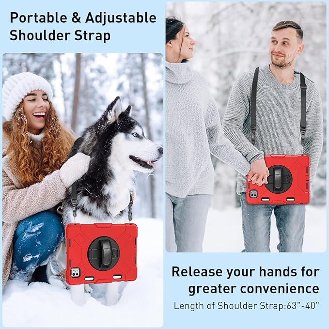 SUPFIVES 2025/2024 iPad Pro 11 Inch Case M5 (6th Generation), with Screen Protector/Shoulder Strap/Pencil Holder/Handle/Rotating Stand, Red