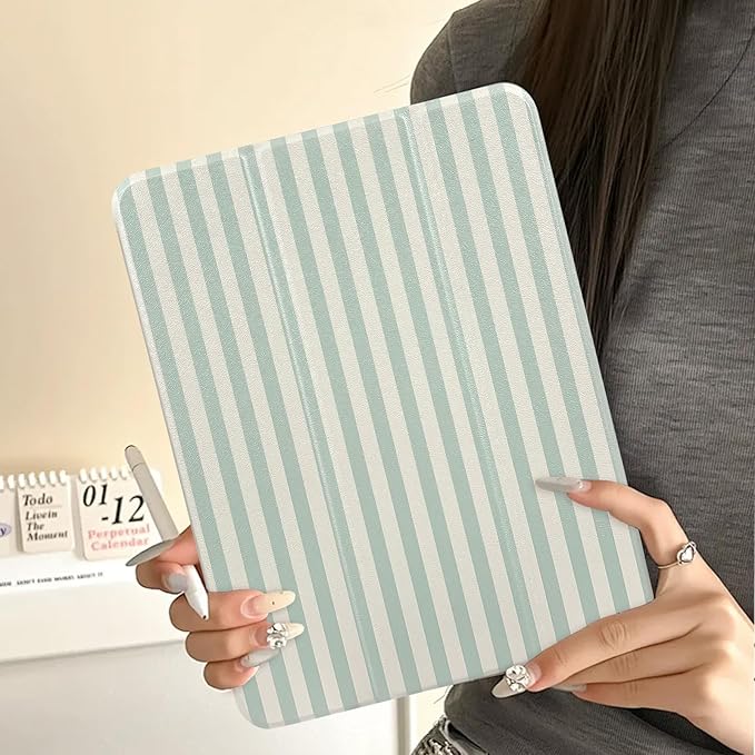 Lovmooful Compatible for iPad Pro 11-Inch,2022/2021/2020/2018 Model(4th/3rd/2nd/1st Generation) Case with Pencil Holder Cute Striped with Aesthetic Design Soft TPU Trifold Stand Protective-Green